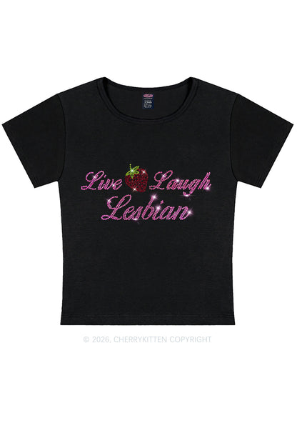 Rhinestone Live Laugh Lesbian Strawberry Pride Y2K Baby Tee Cherrykitten