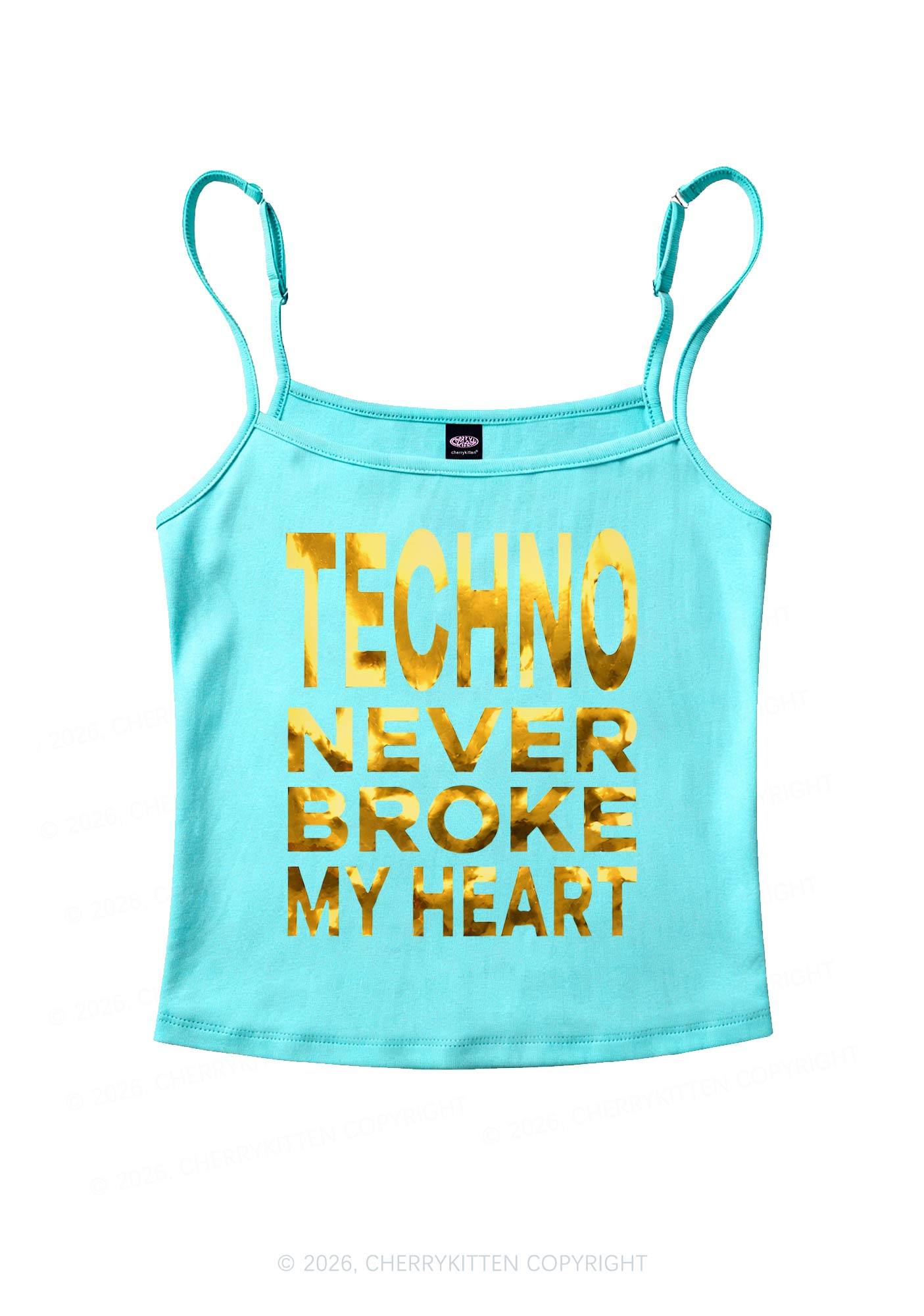Techno Broke Heart Silver Foil Printed Y2K Spaghetti Strap Cami Cherrykitten