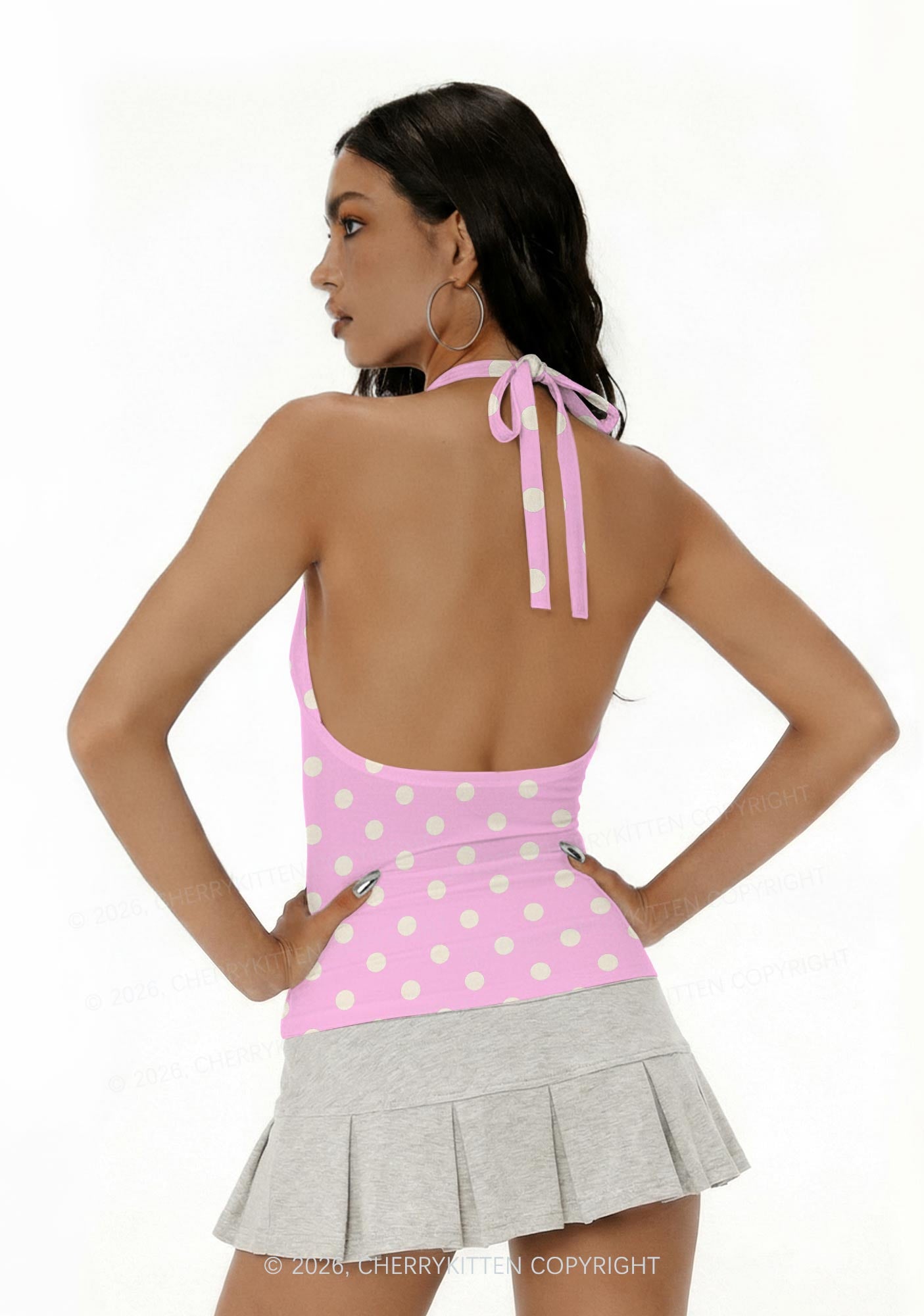 White Dots On Pink Y2K Print Halter Deep V Neck Cami Cherrykitten