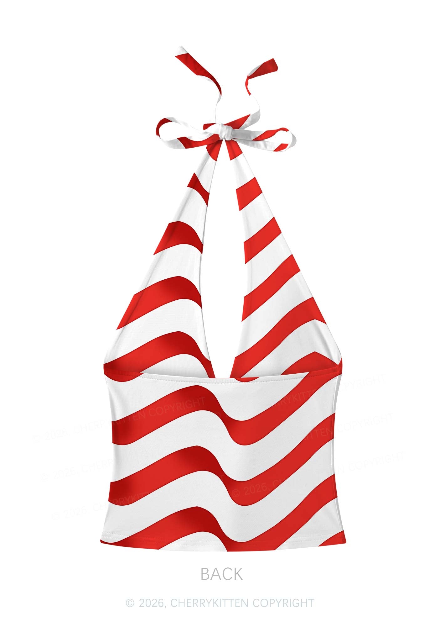 Red White Wavy Stripe Y2K Print Halter Deep V Neck Cami Cherrykitten