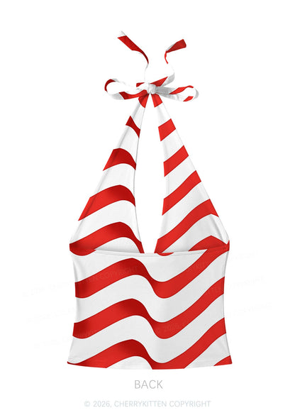 Red White Wavy Stripe Y2K Print Halter Deep V Neck Cami Cherrykitten