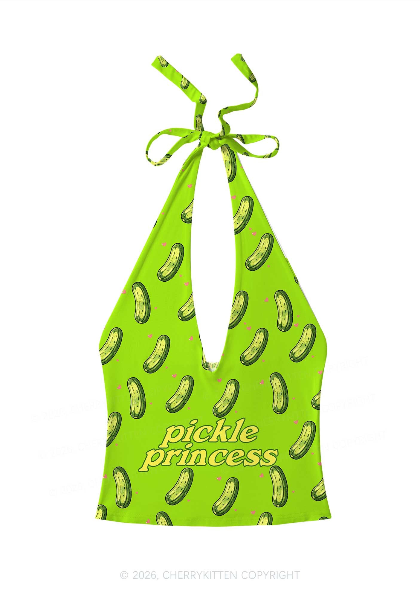 Green Pickle Princess Y2K Print Halter Deep V Neck Cami Cherrykitten