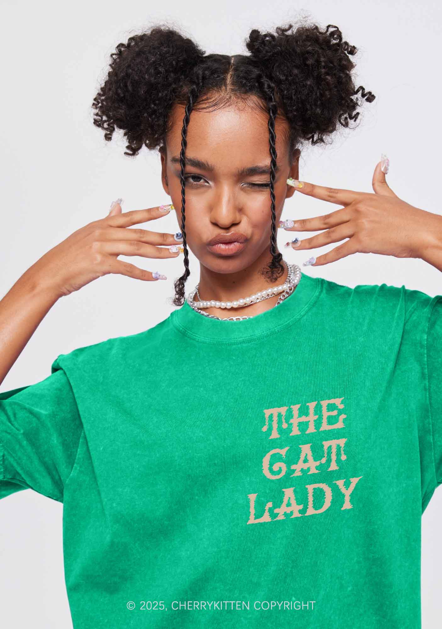 The Cat Lady Two Sides Y2K Shirts Washed Tee Cherrykitten