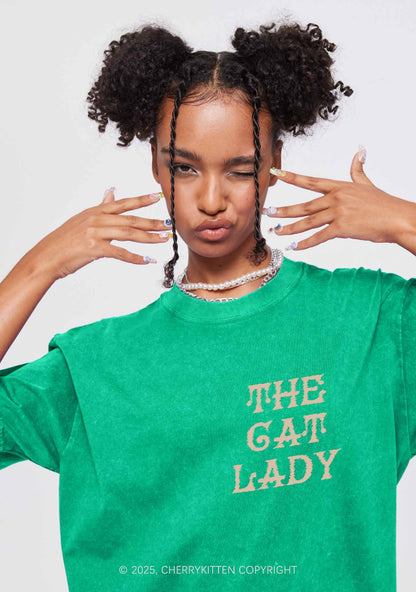The Cat Lady Two Sides Y2K Shirts Washed Tee Cherrykitten