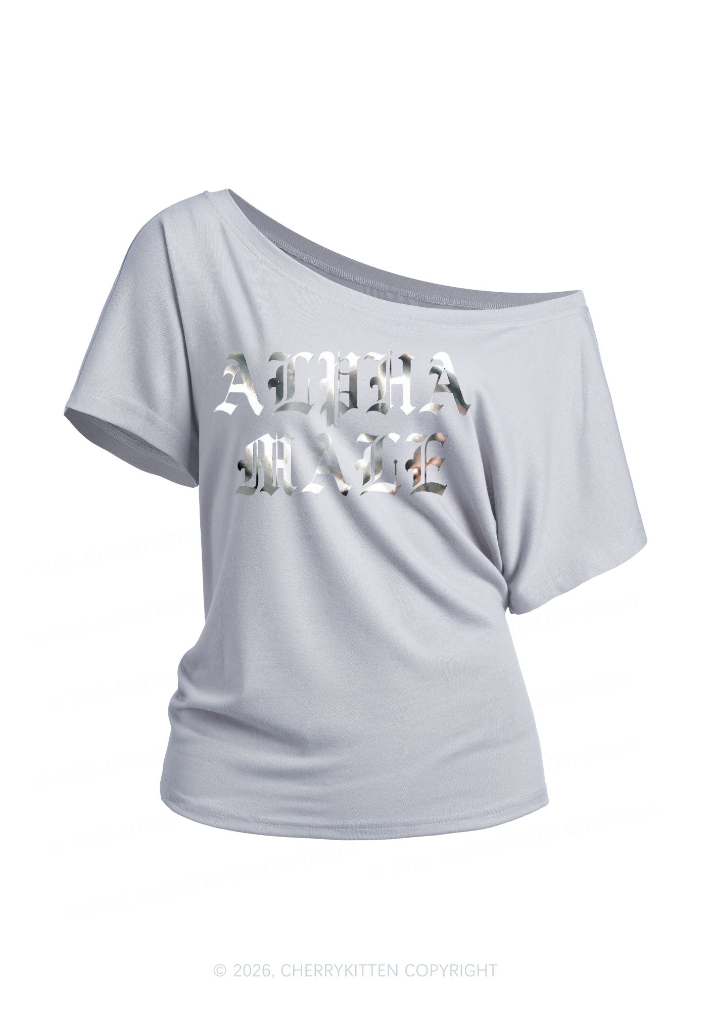 Alpha Male Silver Foil Printed Y2K Off Shoulder Tee Cherrykitten