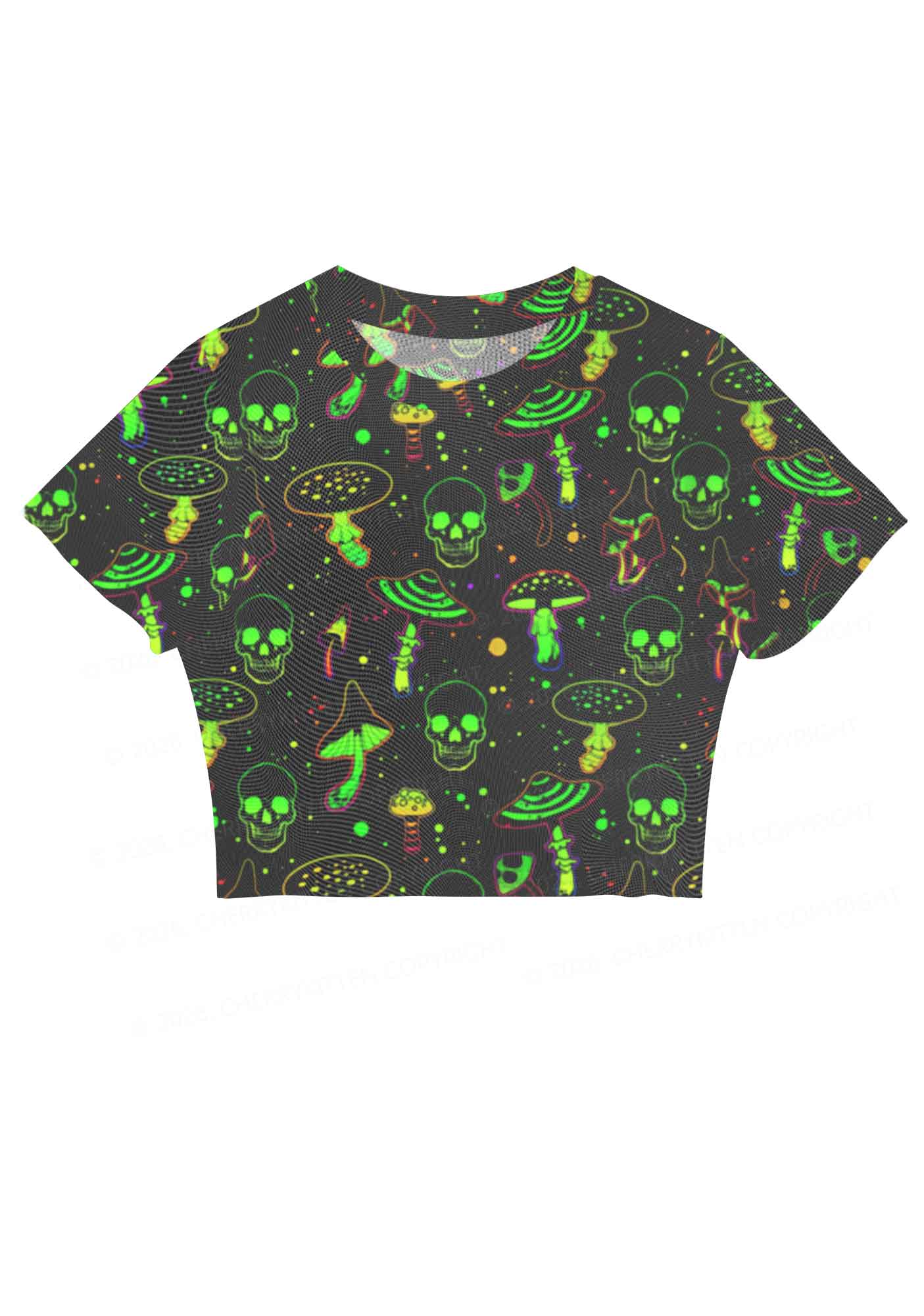 Neon Skull Mushroom Y2K Mesh Crop Top Cherrykitten