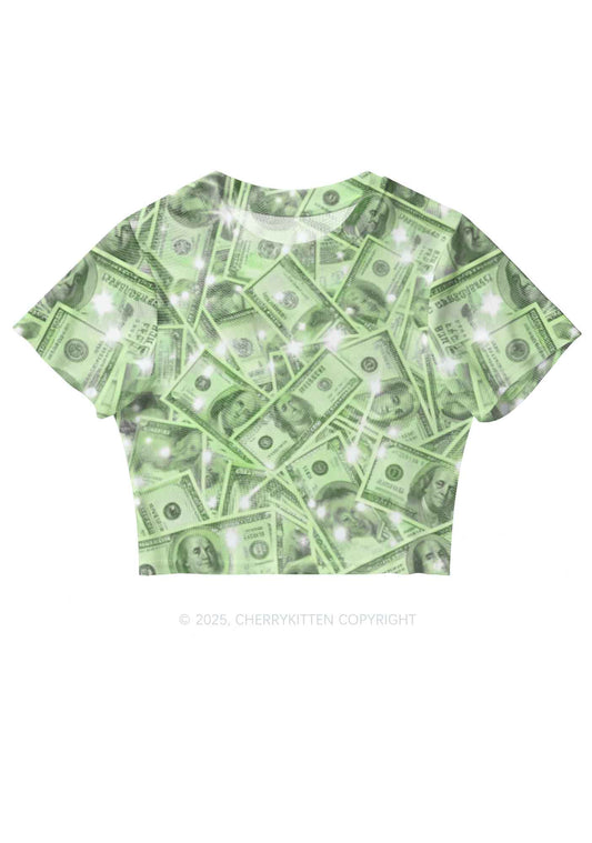 Green Shiny Money Y2K Mesh Crop Top Cherrykitten