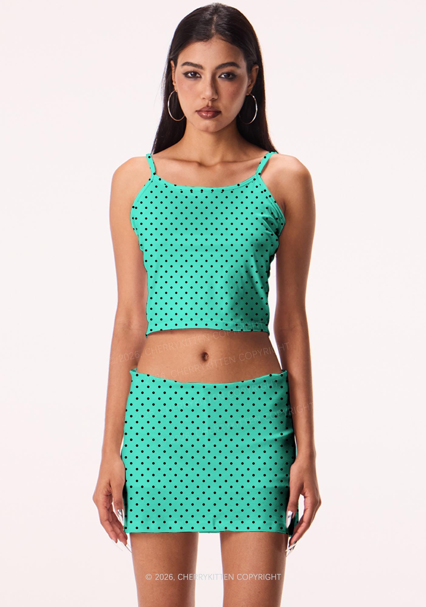 Black Dots On Aqua Green Y2K Print Cami Crop Top Cherrykitten