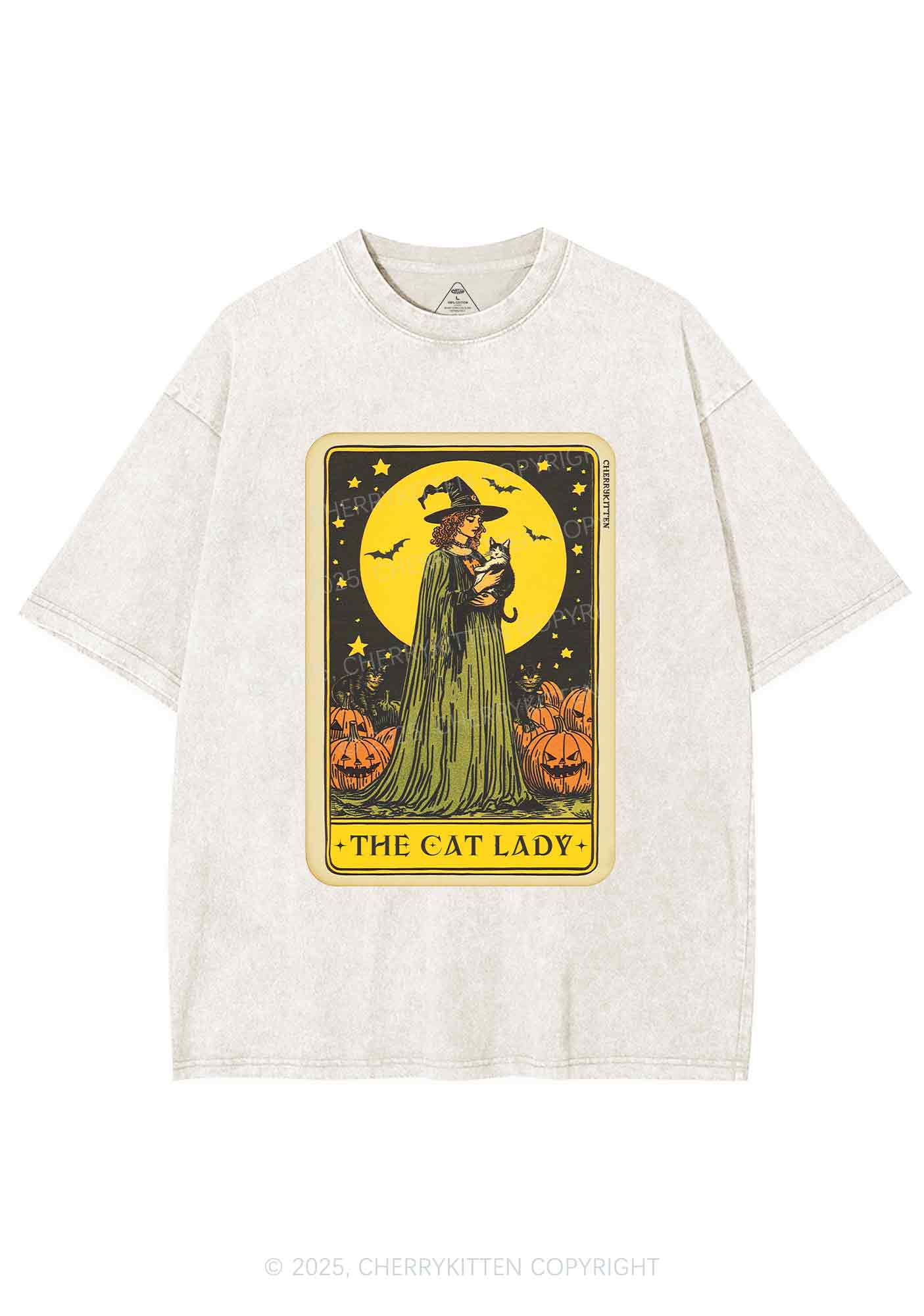 Halloween The Witch Cat Lady Y2K Shirts Washed Tee Cherrykitten