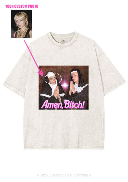 Custom Amen Bxtch Y2K Shirts Washed Tee Cherrykitten