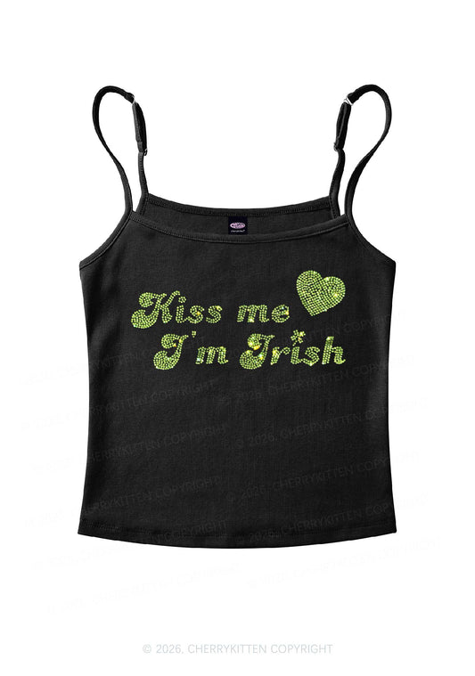 Rhinestone Kiss Me St Patricks Y2K Spaghetti Strap Cami Cherrykitten