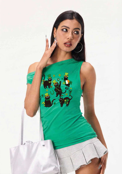 Shamrock Dancing Cats St Patricks Y2K Off Shoulder Tank Top Cherrykitten