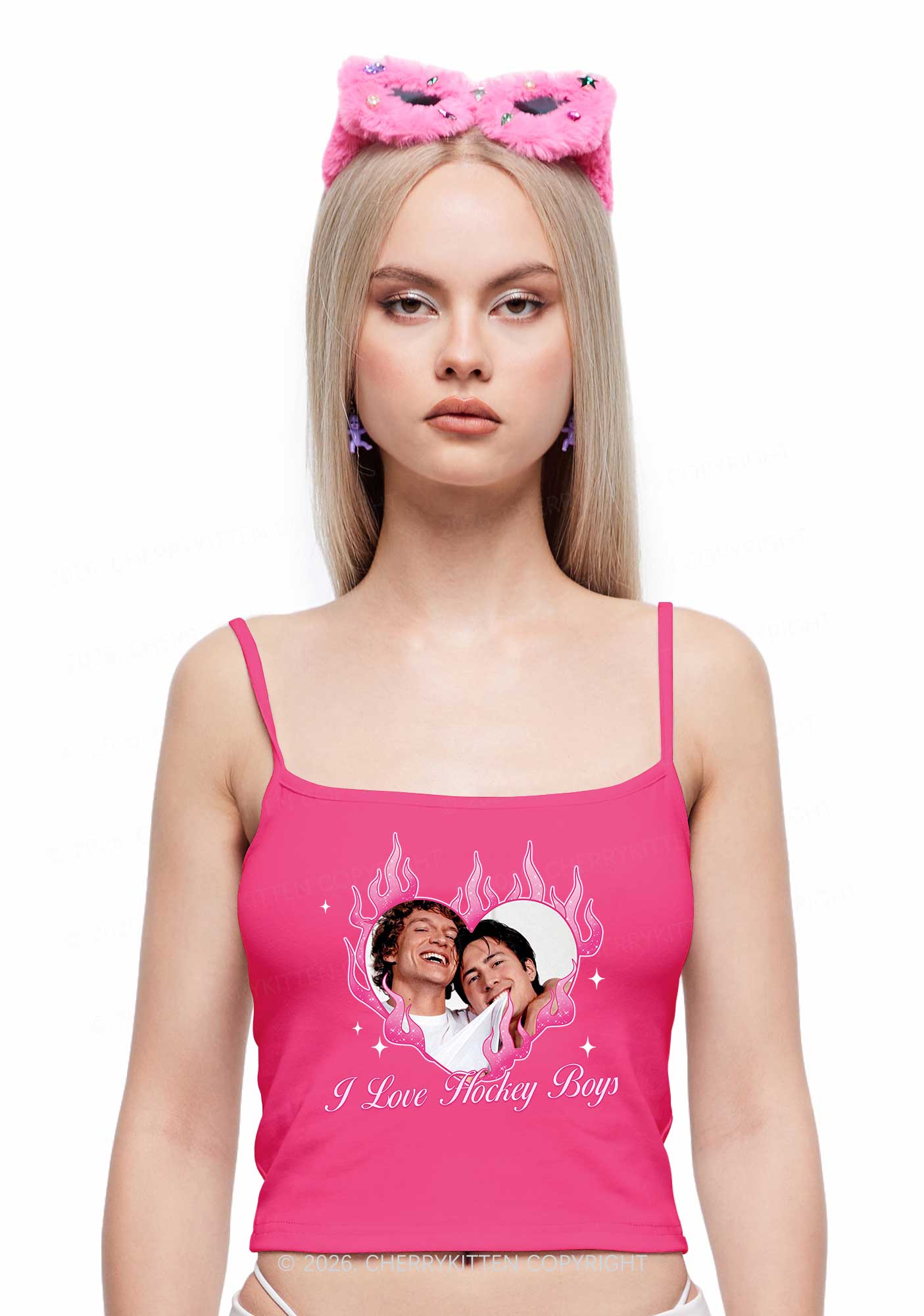 I Love Hockey Boys Pink Heart HR Y2K Spaghetti Strap Cami Cherrykitten