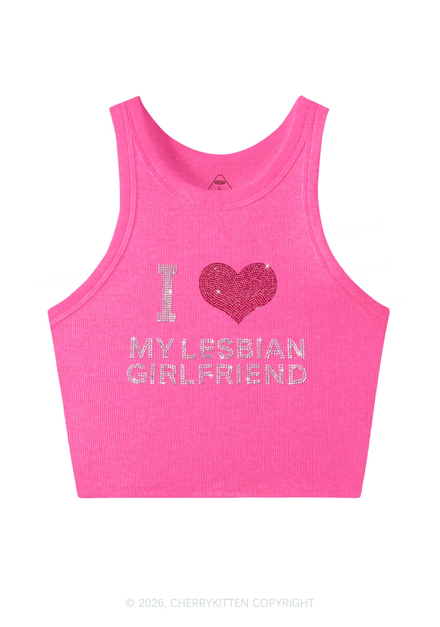 Rhinestone I Love My Lesbian GF Pride Y2K Crop Tank Top Cherrykitten
