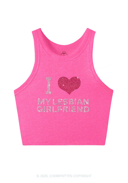 Rhinestone I Love My Lesbian GF Pride Y2K Crop Tank Top Cherrykitten