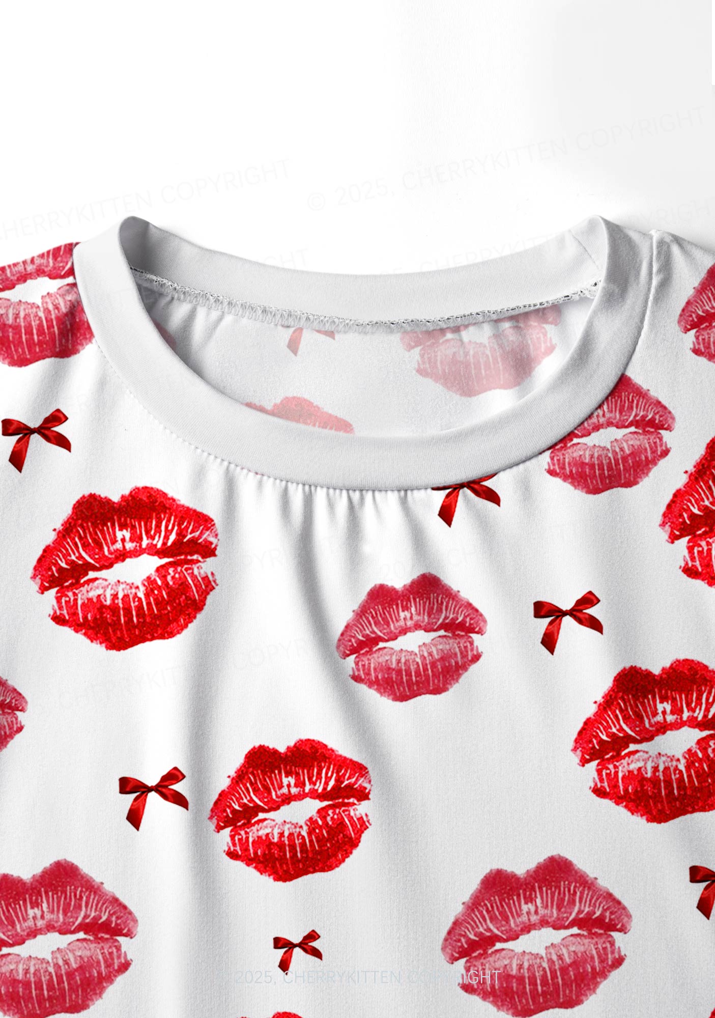 Red Lips Bows Y2K Print Long Sleeve Pajama Set Cherrykitten