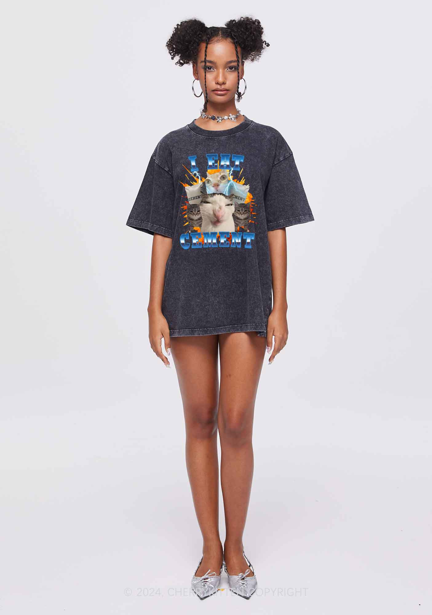 I Eat Cement Funny Cat Y2K Washed Tee Cherrykitten