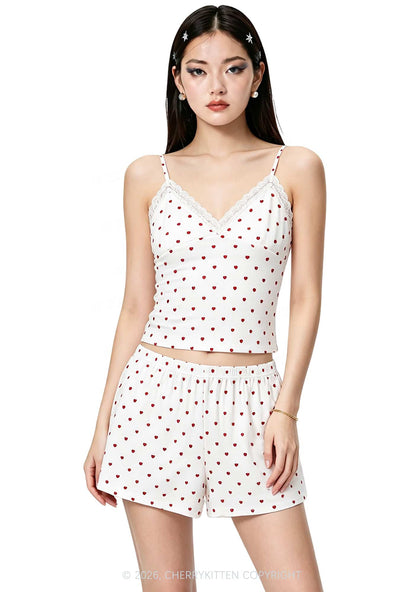 Red Heart On White Y2K Cami Shorts Pajama Set Cherrykitten