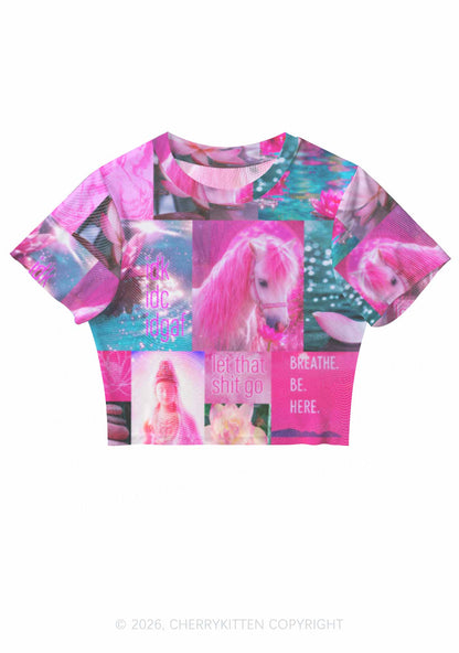 Pink Unicorn Collage Art Y2K Mesh Crop Top Cherrykitten
