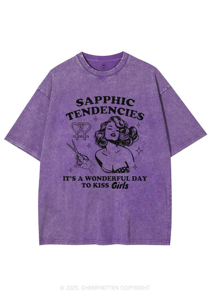 Sapphic Tendencies Kiss Girls Y2K Shirts Washed Tee Cherrykitten