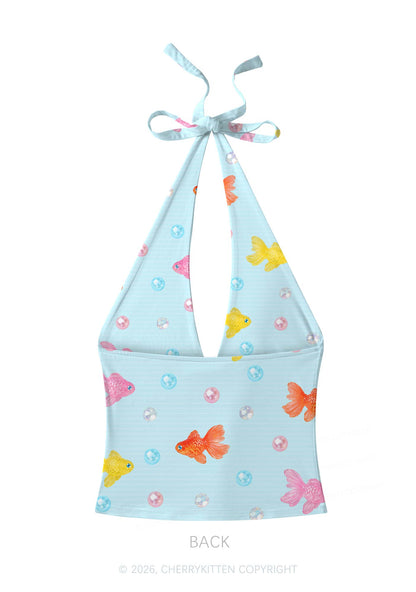 Candy Goldfish Bubble Y2K Print Halter Deep V Neck Cami Cherrykitten