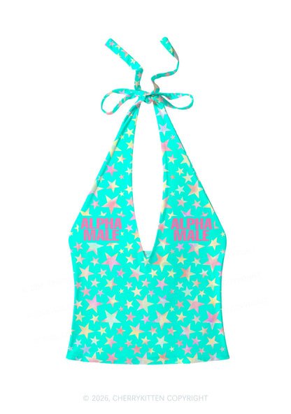 Blue Alpha Male Star Y2K Print Halter Deep V Neck Cami Cherrykitten