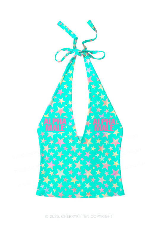 Blue Alpha Male Star Y2K Print Halter Deep V Neck Cami Cherrykitten