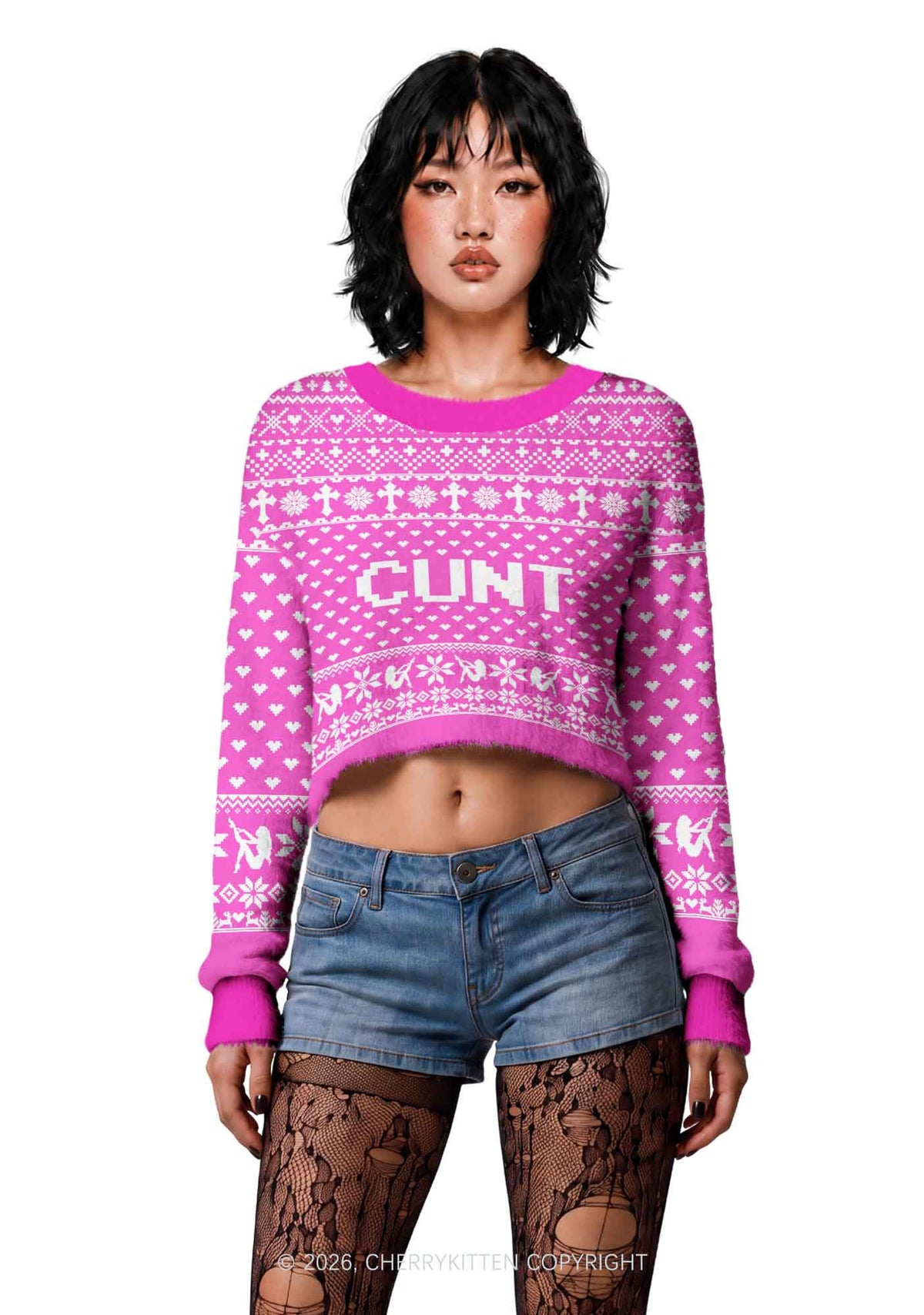 Pink Cxxt Y2K Christmas Crop Knit Sweatshirt Cherrykitten