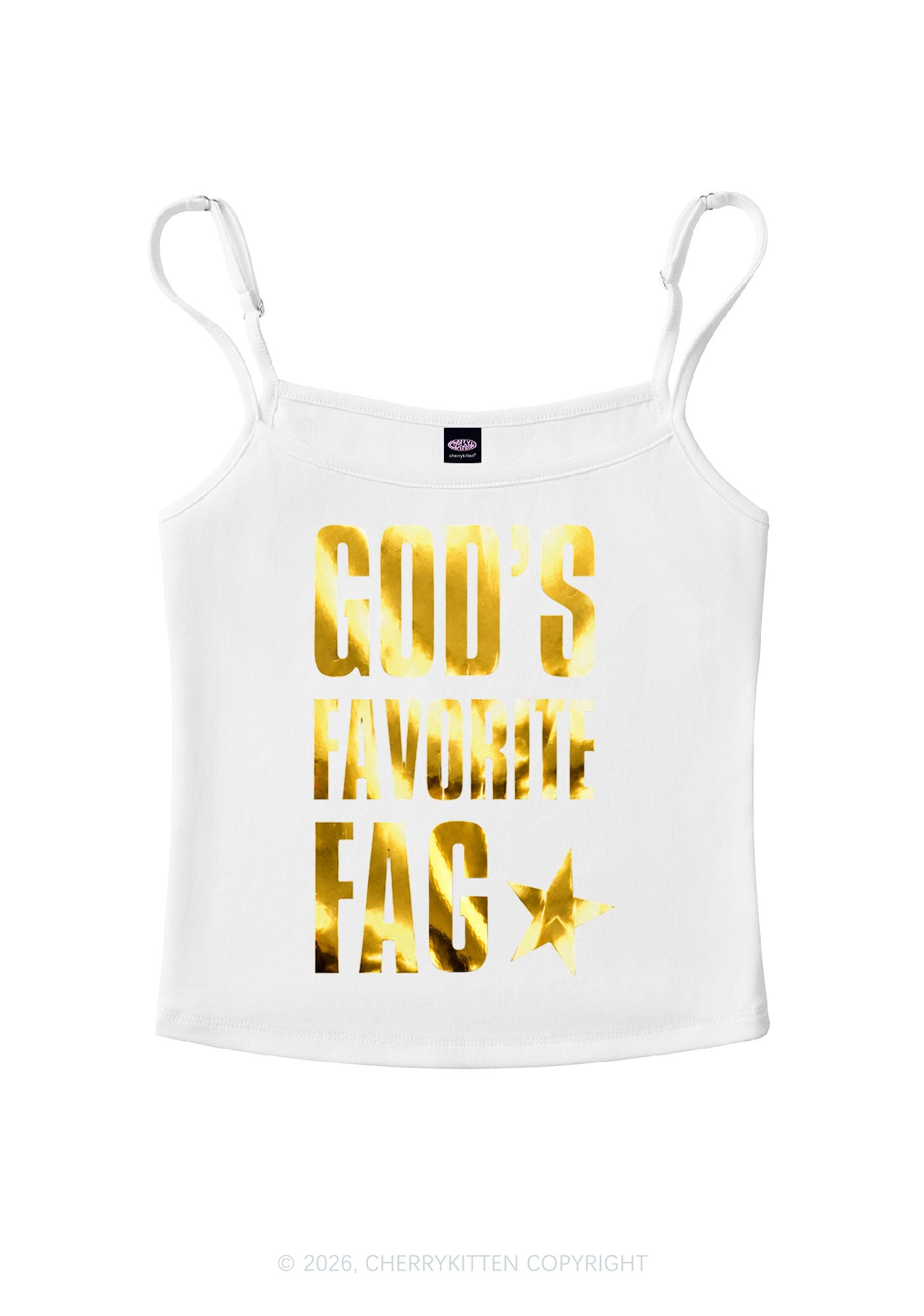 Gods Favorite Fag Pride Silver Foil Printed Y2K Spaghetti Strap Cami Cherrykitten