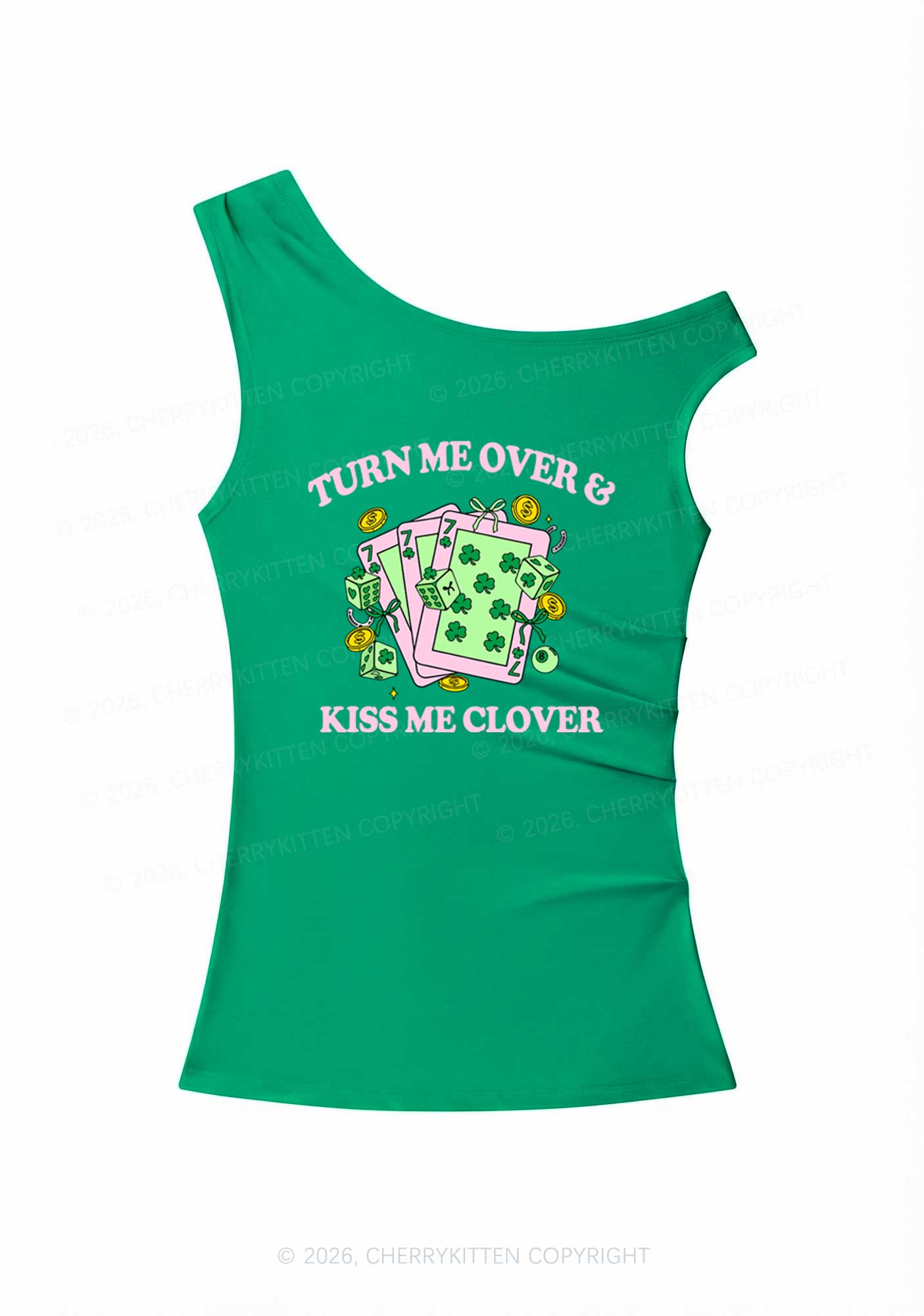 Kiss Me Clover Cards St Patricks Y2K Off Shoulder Tank Top Cherrykitten