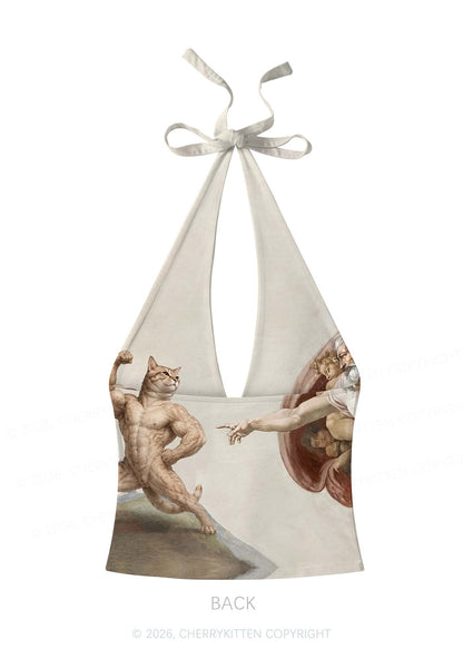 Gym Cat God Touch Y2K Print Halter Deep V Neck Cami Cherrykitten