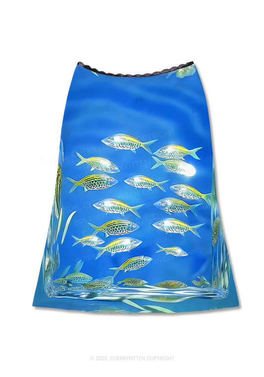 Undersea Fish Y2K Print Midi Skirt Cherrykitten