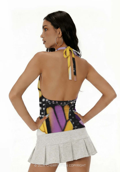 Nonbinary Butterfly Wing Pride Y2K Print Halter Deep V Neck Cami Cherrykitten