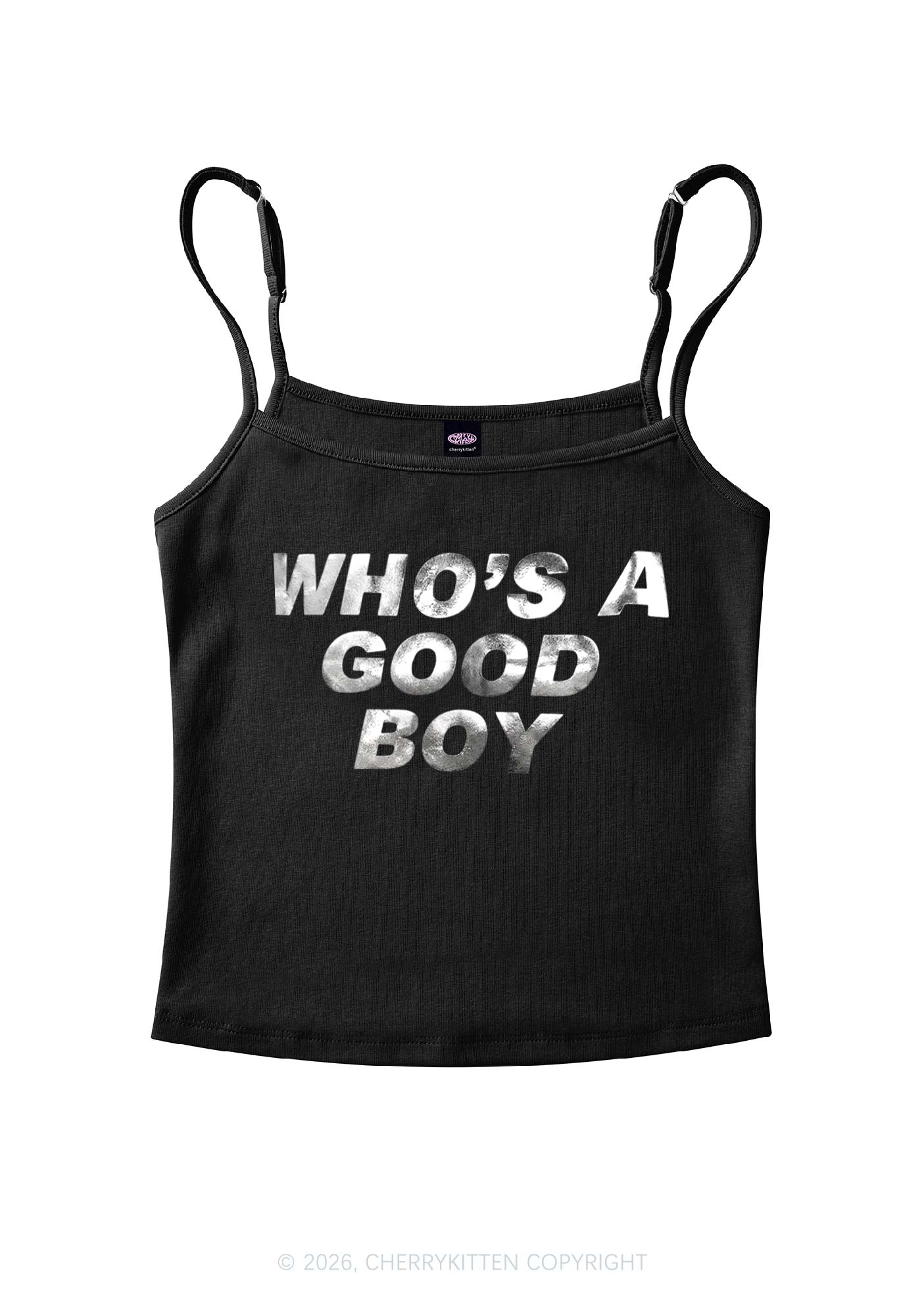 Whos A Good Boy Silver Foil Printed Y2K Spaghetti Strap Cami Cherrykitten