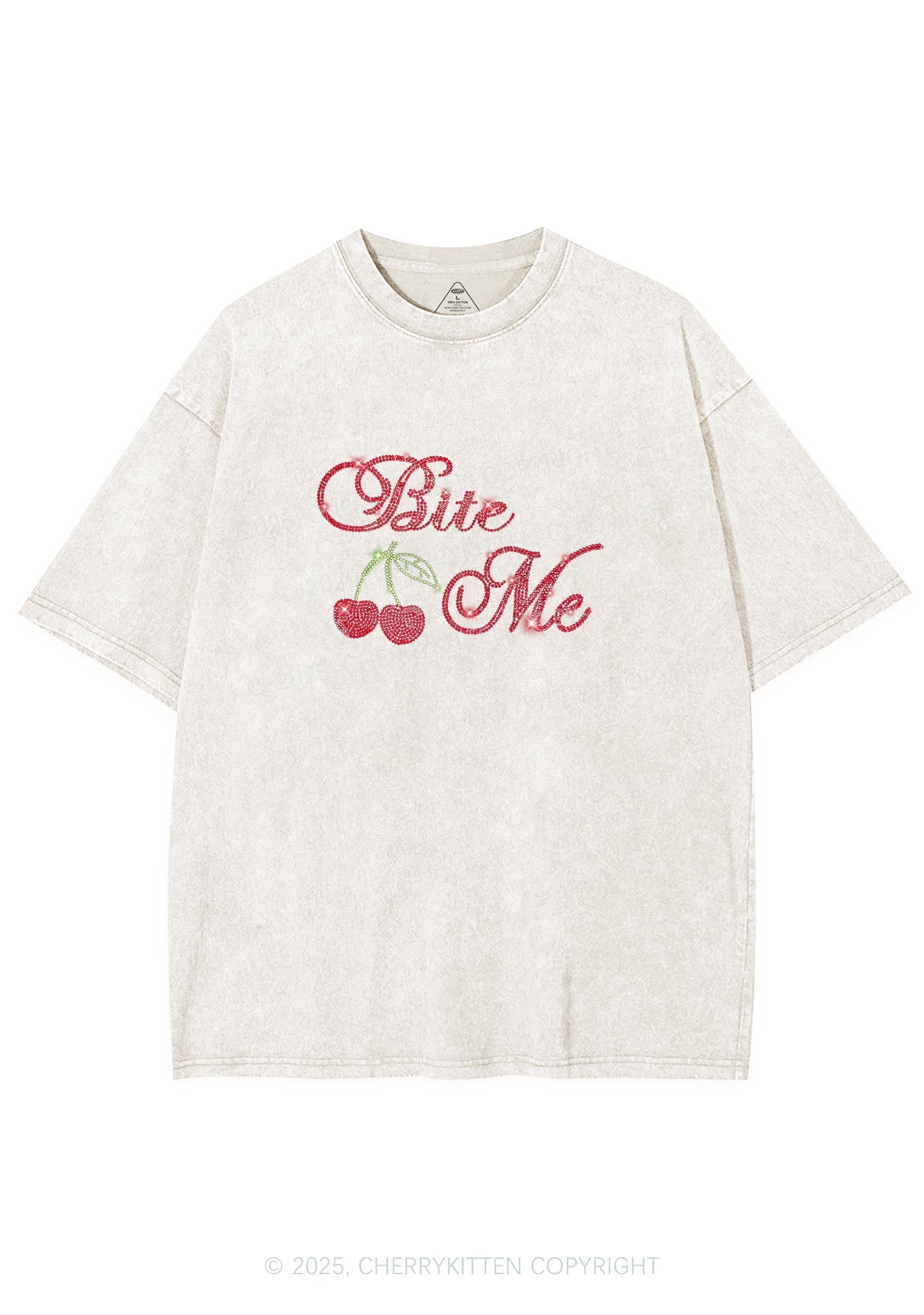 Rhinestone Red Cherry Bite Me Y2K Shirts Washed Tee Cherrykitten