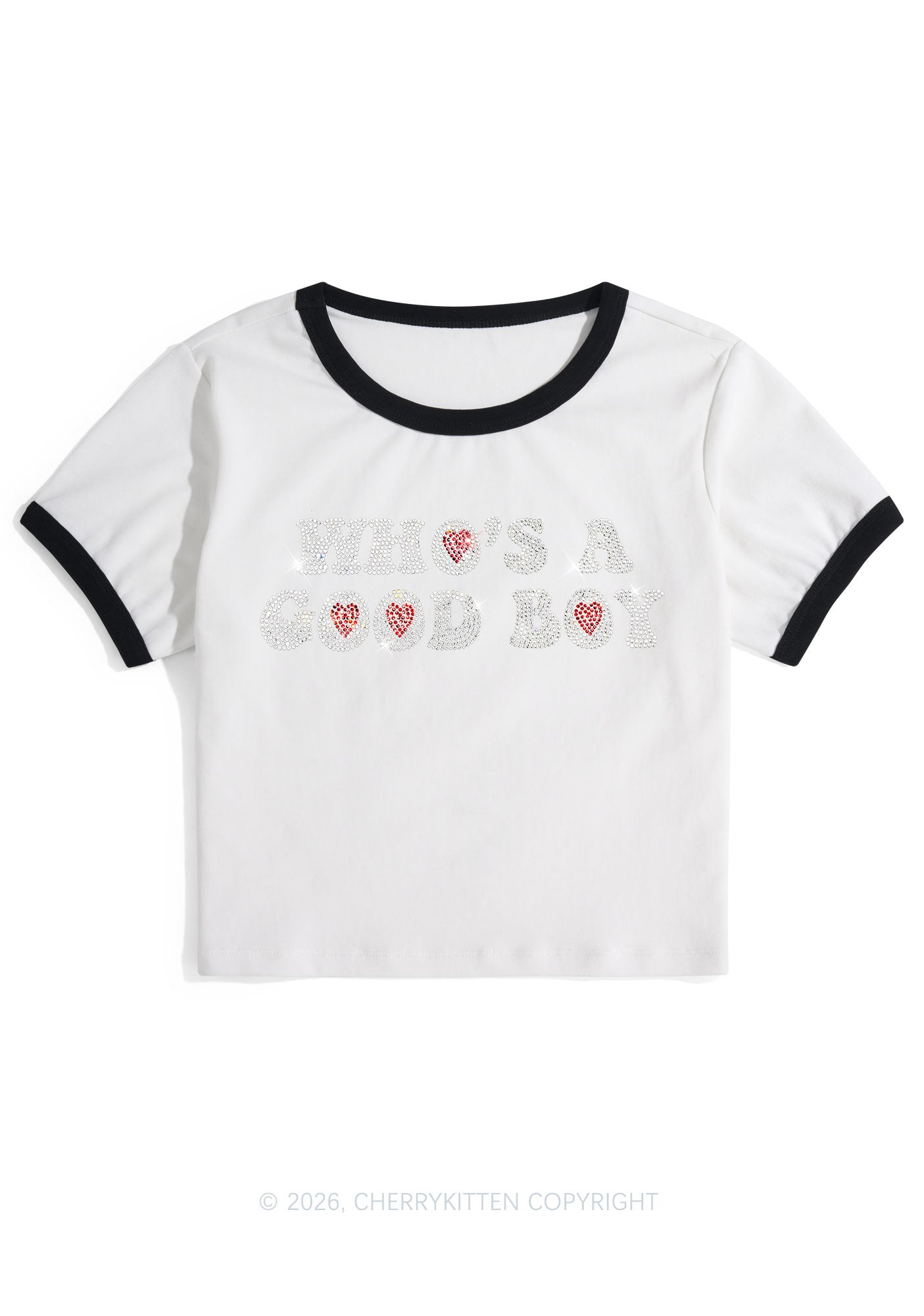 Rhinestone Whos A Good Boy Y2K Ringer Tee Cherrykitten
