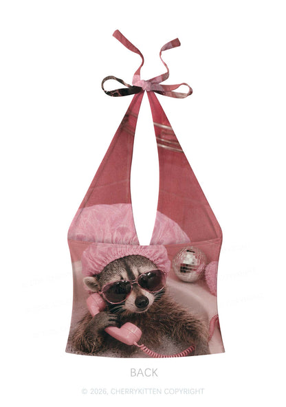 Pink Spa Raccoon Y2K Print Halter Deep V Neck Cami Cherrykitten