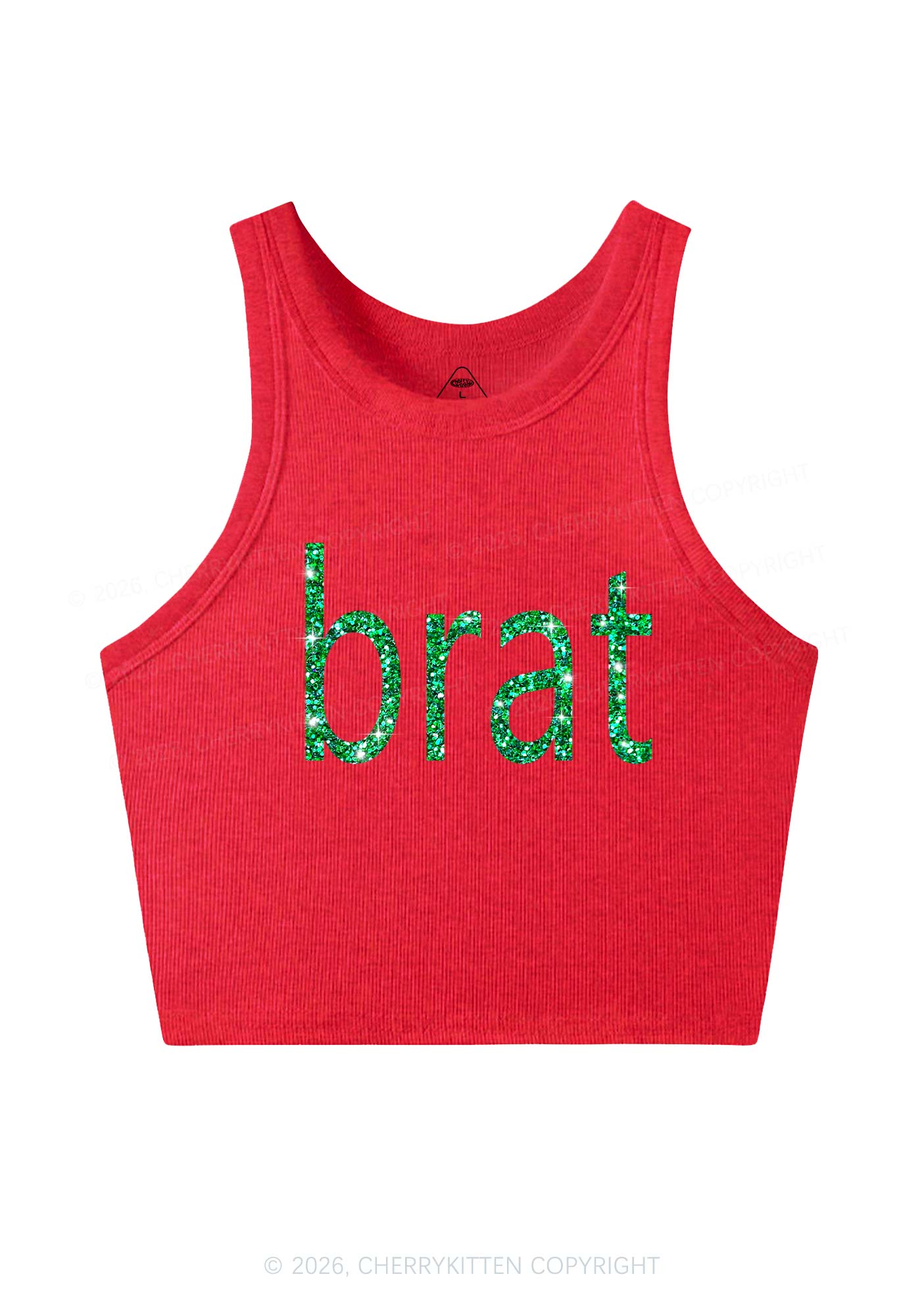 Glitter Green Brat Y2K Crop Tank Top Cherrykitten