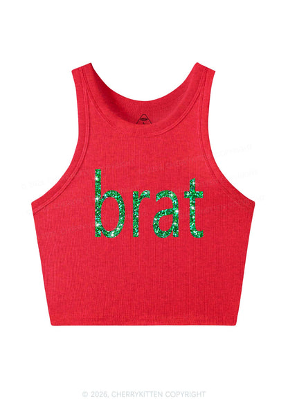 Glitter Green Brat Y2K Crop Tank Top Cherrykitten