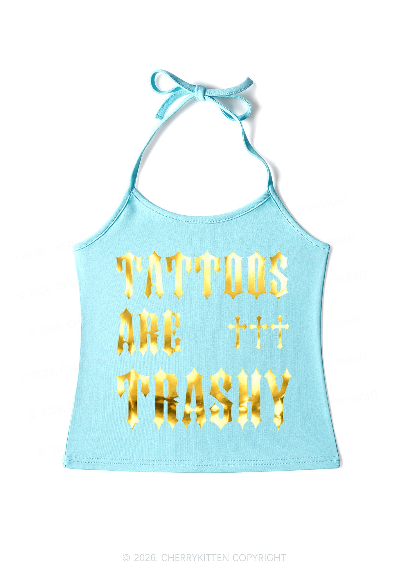 Tattoos Are Trashy Silver Foil Printed Y2K Halter Neck Cami Cherrykitten