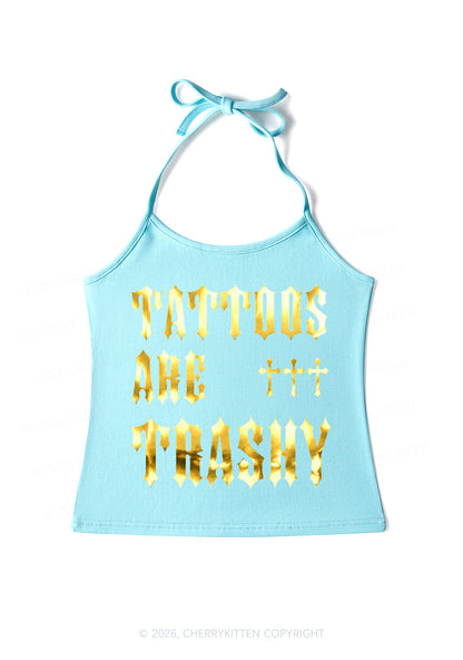 Tattoos Are Trashy Silver Foil Printed Y2K Halter Neck Cami Cherrykitten
