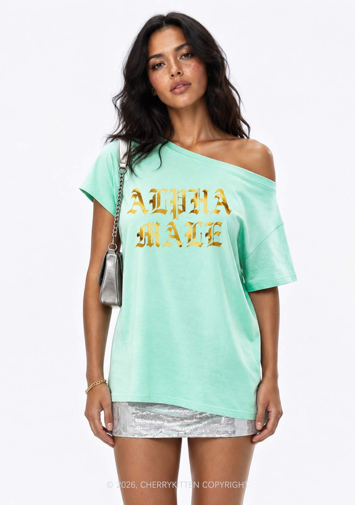 Alpha Male Silver Foil Printed Y2K Off Shoulder Tee Cherrykitten