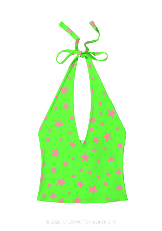 Pink Star On Green Y2K Print Halter Deep V Neck Cami Cherrykitten