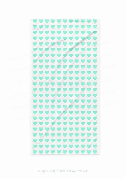 Mint Green Heart On White Y2K Beach Towel Cherrykitten