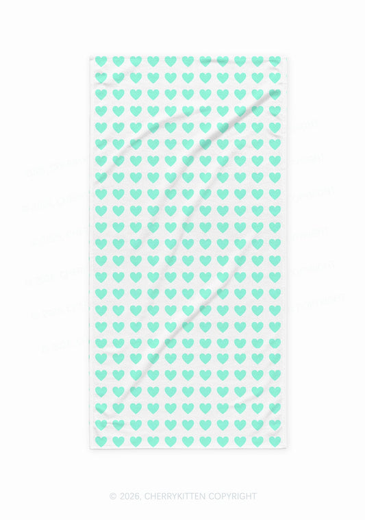 Mint Green Heart On White Y2K Beach Towel Cherrykitten