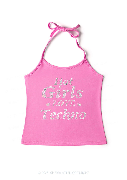 Rhinestone Hot Girls Love Techno Y2K Halter Neck Cami Cherrykitten
