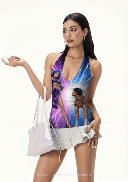 Purple Lightning S Male Y2K Print Halter Deep V Neck Cami Cherrykitten