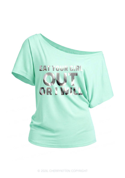 Eat Your Girl Out Silver Foil Printed Y2K Off Shoulder Tee Cherrykitten