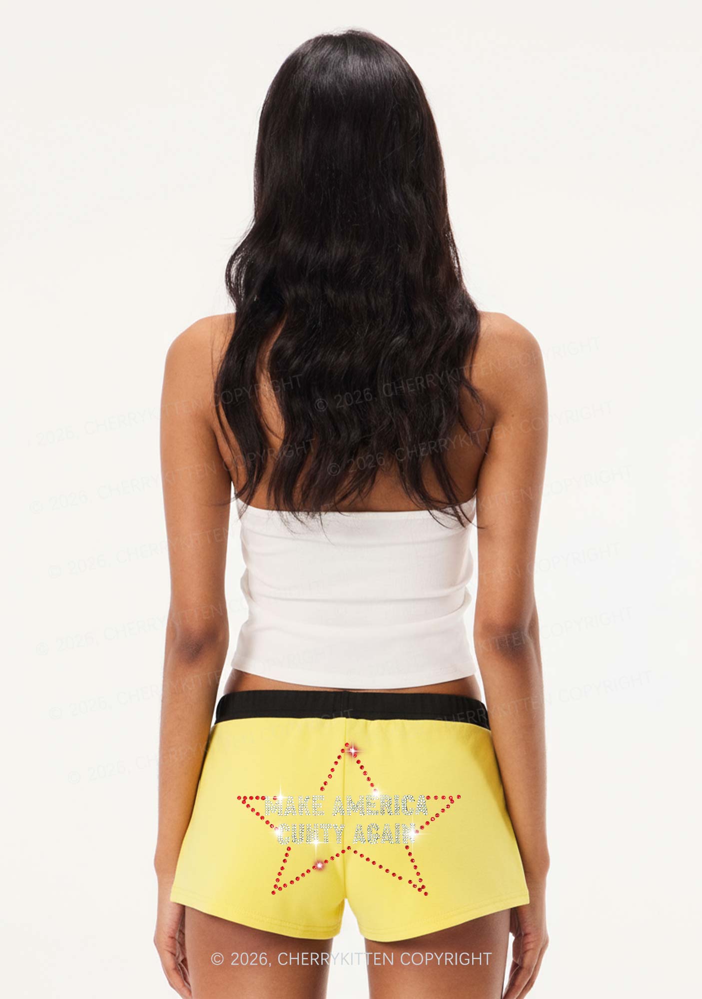 Rhinestone Make America Cxxty Again Y2K Drawstring Mini Shorts Cherrykitten