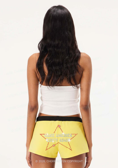 Rhinestone Make America Cxxty Again Y2K Drawstring Mini Shorts Cherrykitten